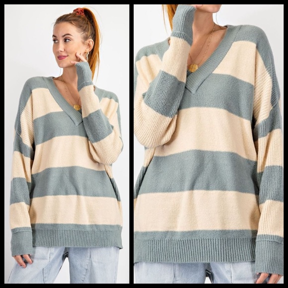 EASEL Wide Striped Sweater Ribbed Hems Wide Neckline Long Loose Fit Tunic Style - Picture 6 of 14